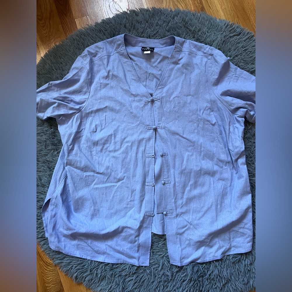 Maggie Barnes Lilac Blue Frog Buttons Linen Short Sleeve Blouse Size 30 W NWT